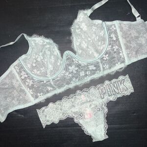 Victoria's Secret longline unlined 34D,34DD BRA SET XS thong AQUA blue mint lace